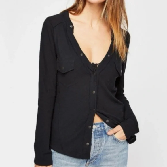 We The Free Starlight Snap Front Henley Shirt Black Long Sleeve - Picture 1 of 7